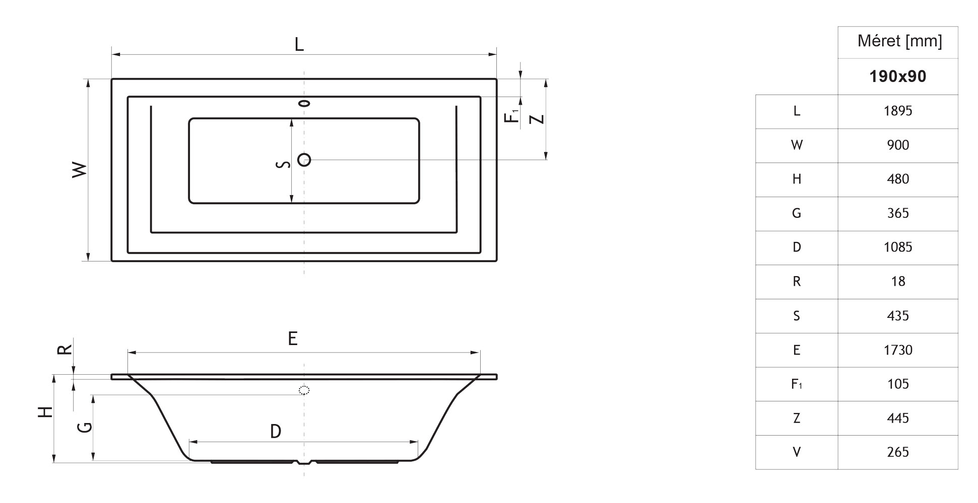 Niwell Dia Slim Egyenes kád 190 x 90 cm